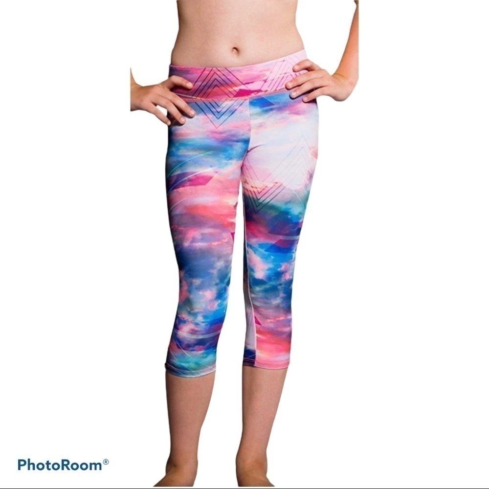 Onzie Girls Capri Leggings Pink Blue Tie Dye Activewear Size L Youth